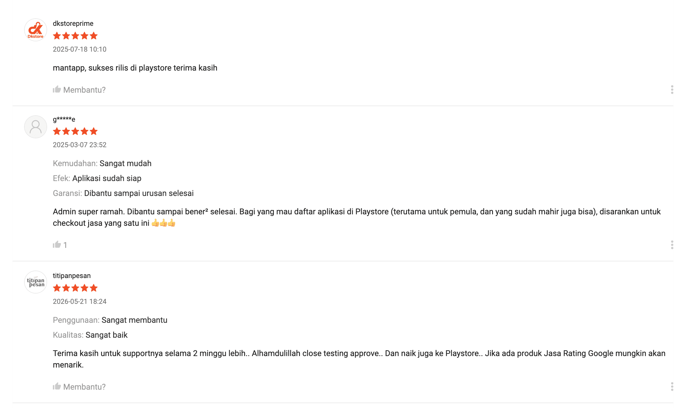 Ulasan 5 bintang pelanggan di Shopee untuk jasa closed testing Google Play